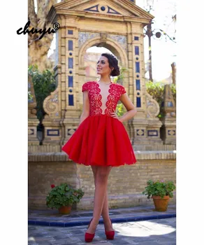 

Red Homecoming Dresses Deep-V Cap Sleeve Party Dresses Lace Backless Mini Prom Gown vestidos de graduacion Dress