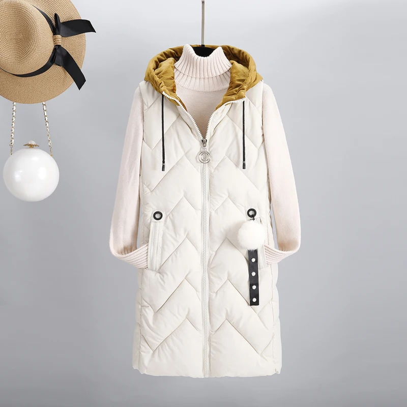 

2019 New Long Vest Female Slim Warm Waistcoats Zip Sleeveless Autumn Winter Cotton Vests Jacket Women Fashion Hooded Outerwear