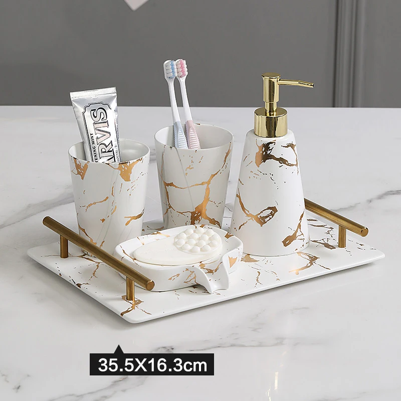 5Pcs Direct sales Nordic modern marble pattern bathroom ceramic toothbrush cup mouth cup soap dish soap bottle wedding gift set