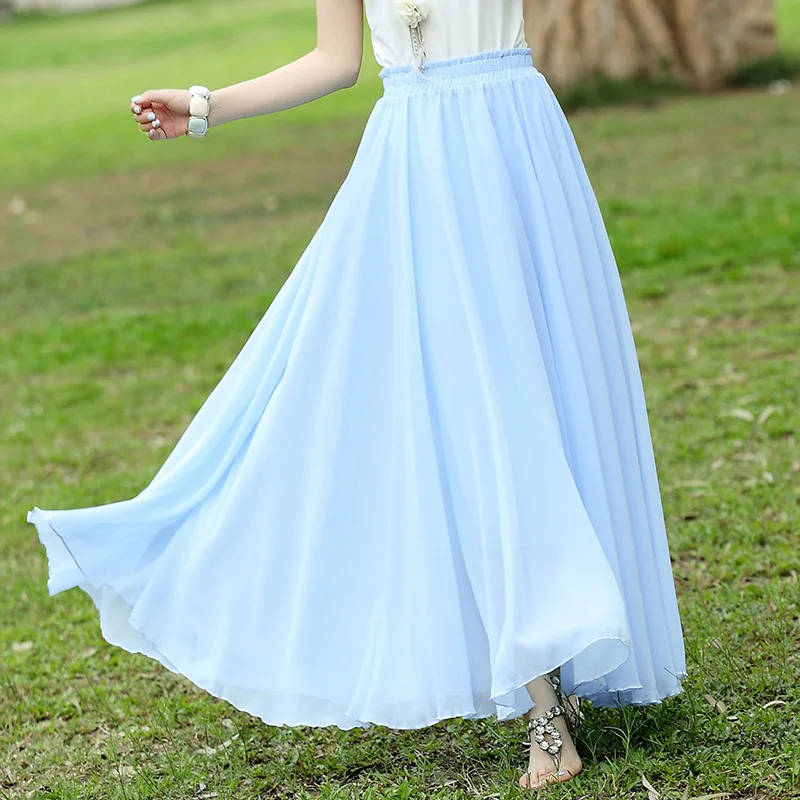 High Elastic Waist Women Chiffon Long Skirts Floor Length Ruffles White Summer Boho Maxi Skirt Saia Casual Longa Faldas