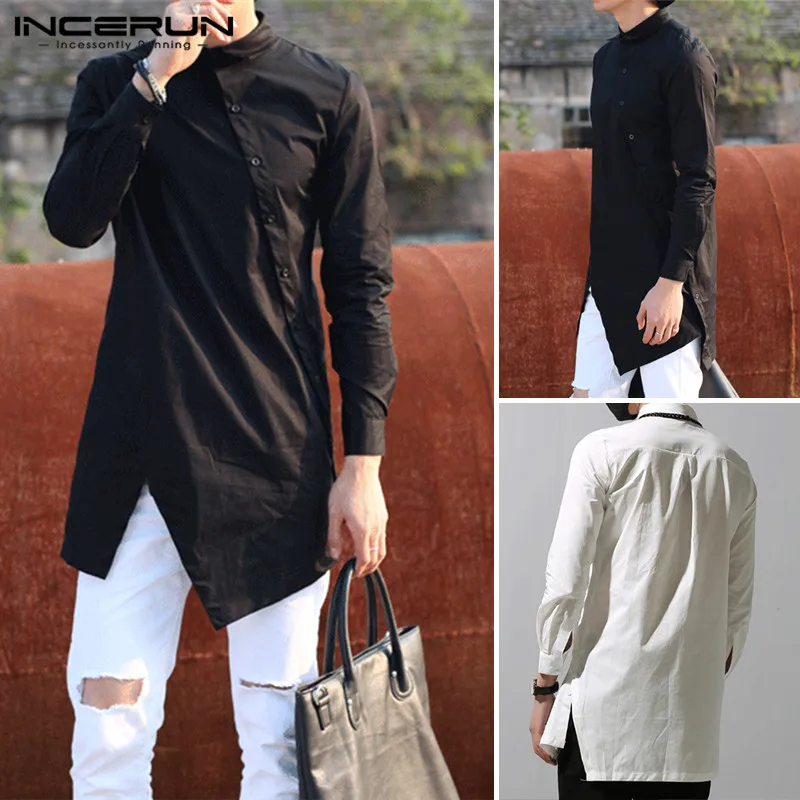 

INCERUN Spring Men's Fashion Turn Down Collar Long Irregular Tops Casual Long Sleeve Shirts Designed Single-breasted Black Coat