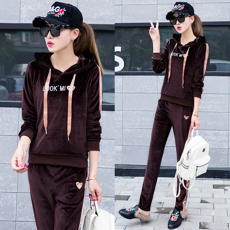 

2018 Spring And Autumn New Style Gold Velvet Women's Korean-style Long Sleeve Leisure Sports Suit Two-Piece Set Business Attire