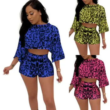 

Casual Summer Printed 2 Piece Short Sets Women 3/4 Sleeve Crop Top Two Piece Set Bodycon 2pcs Outfit Set Clubwear