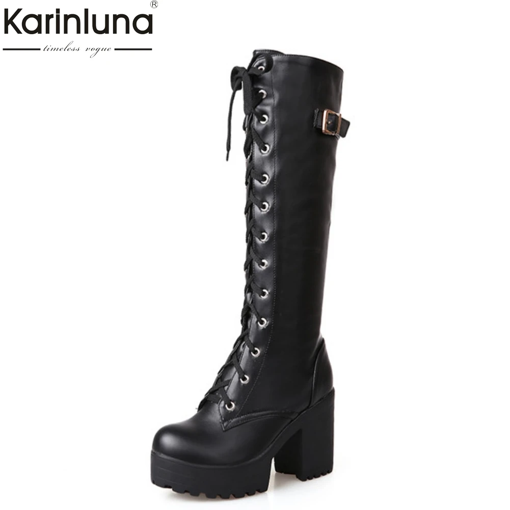 Женские сапоги на платформе KarinLuna высокие до колена высоком каблуке зимняя обувь