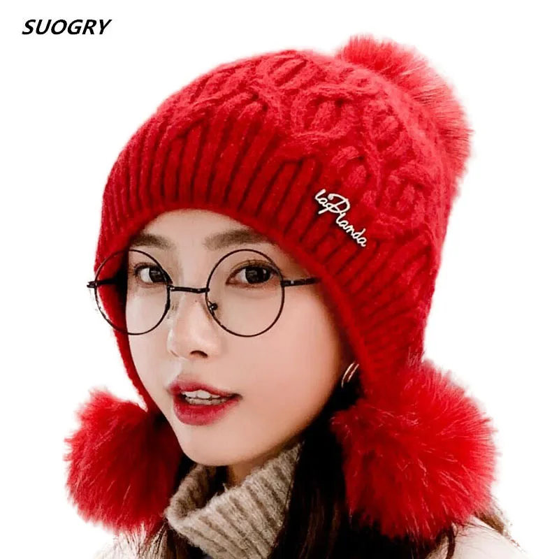 

SUOGRY High Quality Winter Autumn Pompom Beanie Hat Women Wool Knitted Skullies Casual Women Hat Fur Pompom Hats