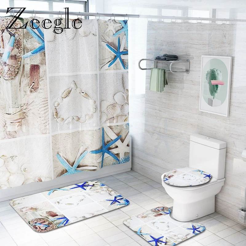 Zeegle Ocean World Bath Mat Set Toilet Shower Curtain Non-slip Bathroom Foot Rug Lid Toilet Cover Bath Mat for Home Decoration