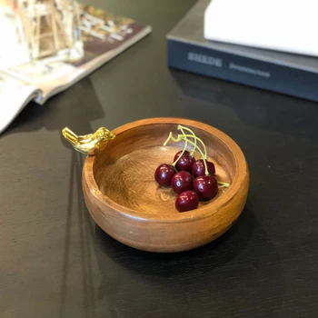 

Creative Wood Bowl Copper Bird Decoration Accessiories Candy Ice Cream Fruit Salad Noodle Rice Wooden Storage Bowls Ornament
