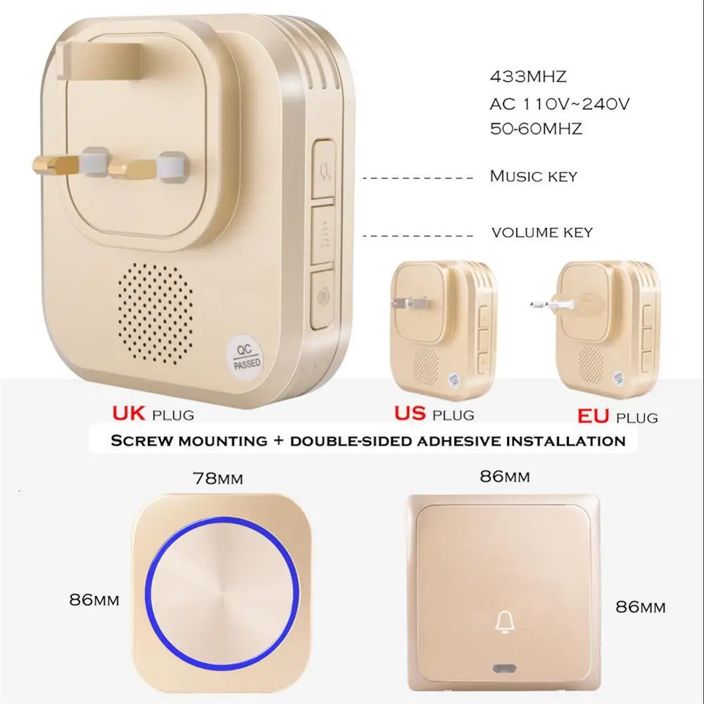 SMATRUL ЕС Великобритания США штекер автономный беспроводной дверной звонок кольцо колокольчик Ночной светильник без батареи большая панель 1 Кнопка 1 2 приемника