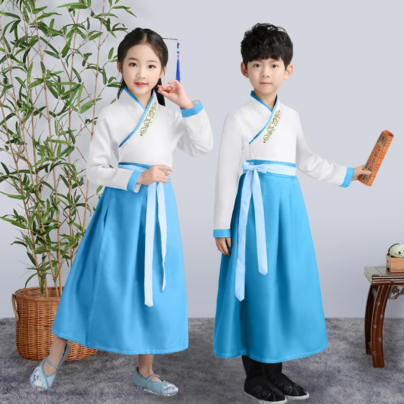 Древний китайский костюм; детское платье Hanfu; одежда для народных танцев; Традиционное китайское платье для мальчиков и девочек