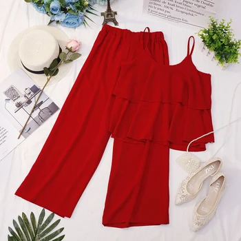 

Heliar 2020 Summer Spaghtti Double Layers Tank Top and High-Waisted Trousers Two Pc Outfits Women Summer Suits Top and Trousers