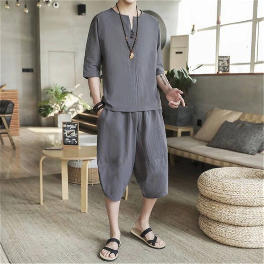 Traditional Chinese Style Summer Men Linen Tang Suit Short Sleeve T-shirt+Pant Clothing Set Oriental Kung Fu Costumes