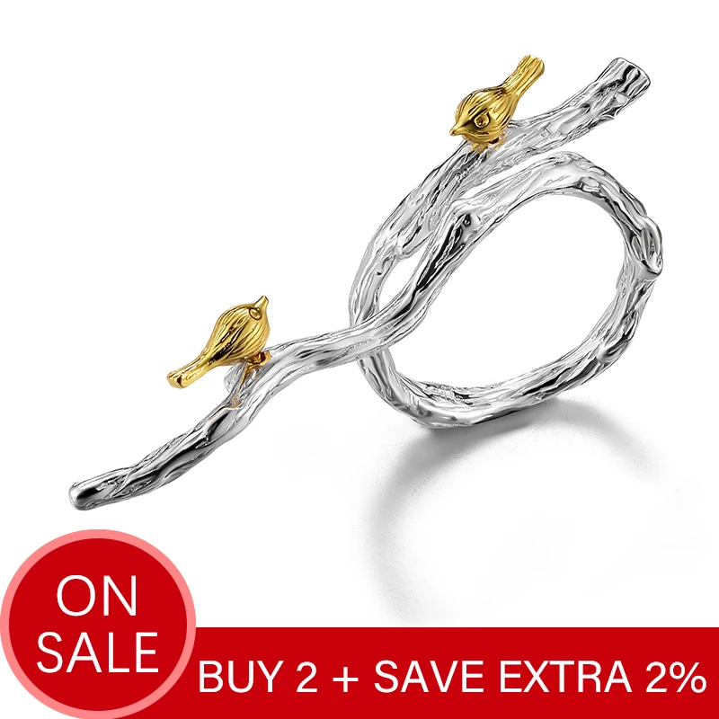 Lotus Fun Real 925 Sterling Silver Original Handmade Fine Jewelry Adjustable Ring 18K Gold Bird on Branch Rings for Women Bijoux - Image 2
