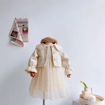 

Girls' suit 2020 autumn new western style girl woolen jacket mesh vest skirt fashionable two-piece suit