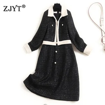 

2020 New Designers Fall Winter Clothes Female Casual Vestido Women Long Sleeve Tweed Woolen Jacket and Dress 2 Piece Sets
