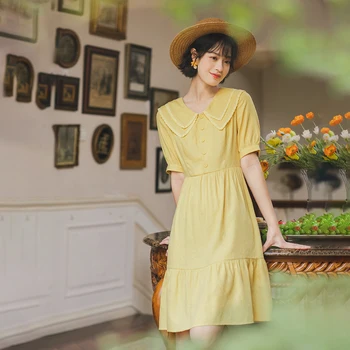 

INMAN 2020 Summer New Arrival Short Sleeve Dress Doll Collar Vintage Retro Sweet Girl Style Women Dress