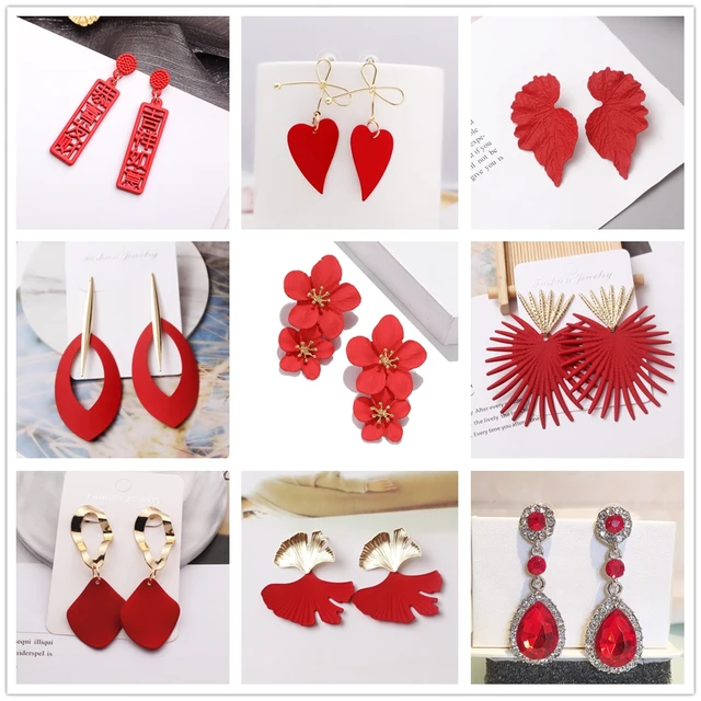 Red Color Hang Earrings for Women Summer Korean Flower Heart Leaf Metal Earrings Wedding Party Jewelry Valentine's Day Girl Gift 1