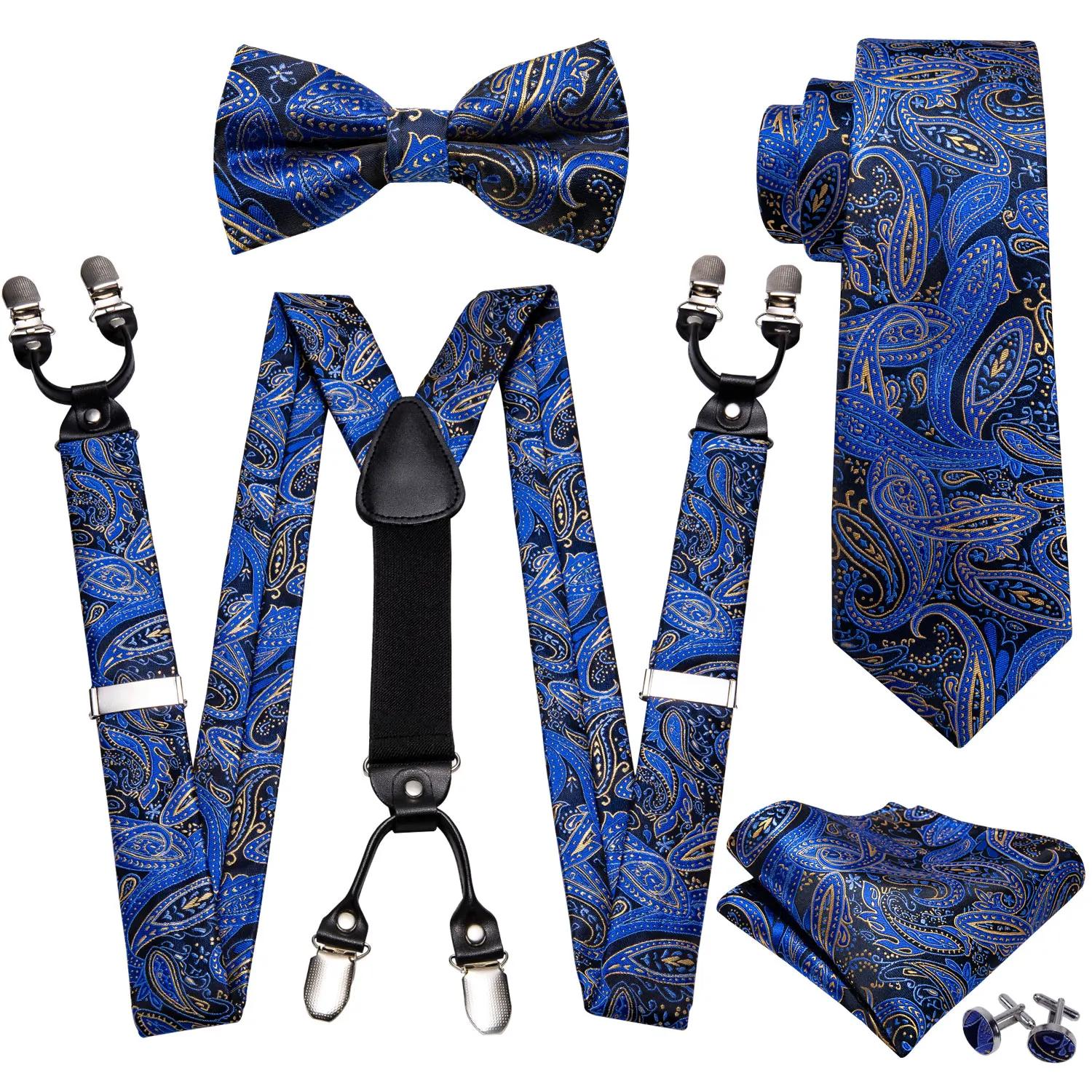 Fashion Prebow Tie Blue Paisley Silk Ties For Men Suspenders