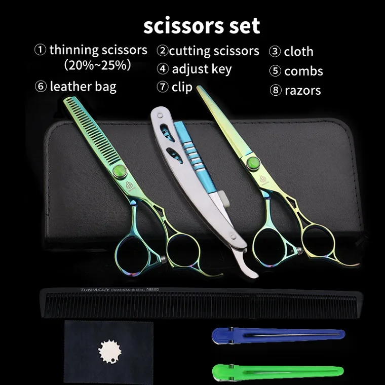 SET GREEN WITH RAZOR ORTRAL 6 дюймов ножницы для волос Профессиональные Парикмахерские ножницы парикмахерские высокое качество Резка истончение набор Инструменты для укладки Парикмахерская - Цвет: SET GREEN WITH RAZOR