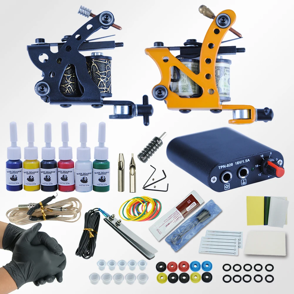 SET B Tattoo Kit 2 Tattoo Machines Gun 20pc Ink Power Supply Tattoo Grips Body Art Tools Complete Tattoo Set Accessories Supplies - Цвет: SET B