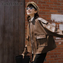GALCAUR/женские Куртки из искусственной кожи с круглым вырезом и фонариком; пальто с длинными рукавами; топы; женская Повседневная модная осенняя одежда; Новинка года