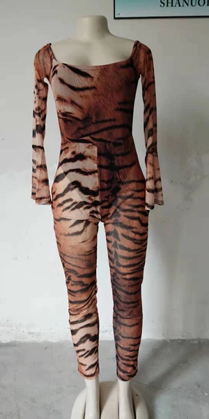 Tiger OMILKA Длинные рукава с открытыми плечами Леопардовый Тигр печатных Комбинезоны и спортивные костюмы летние женские облегающие Клубные комбинезоны с вырезом лодочкой - Цвет: Tiger