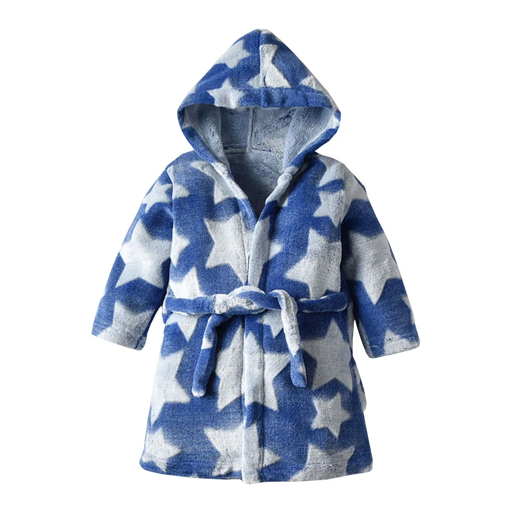 Winter Children Fleece Pajamas Warm Flannel Sleepwear Boys Girls Star Hooded Flannel Bathrobes Towel Night-Gown Sleepwear 1-6Y