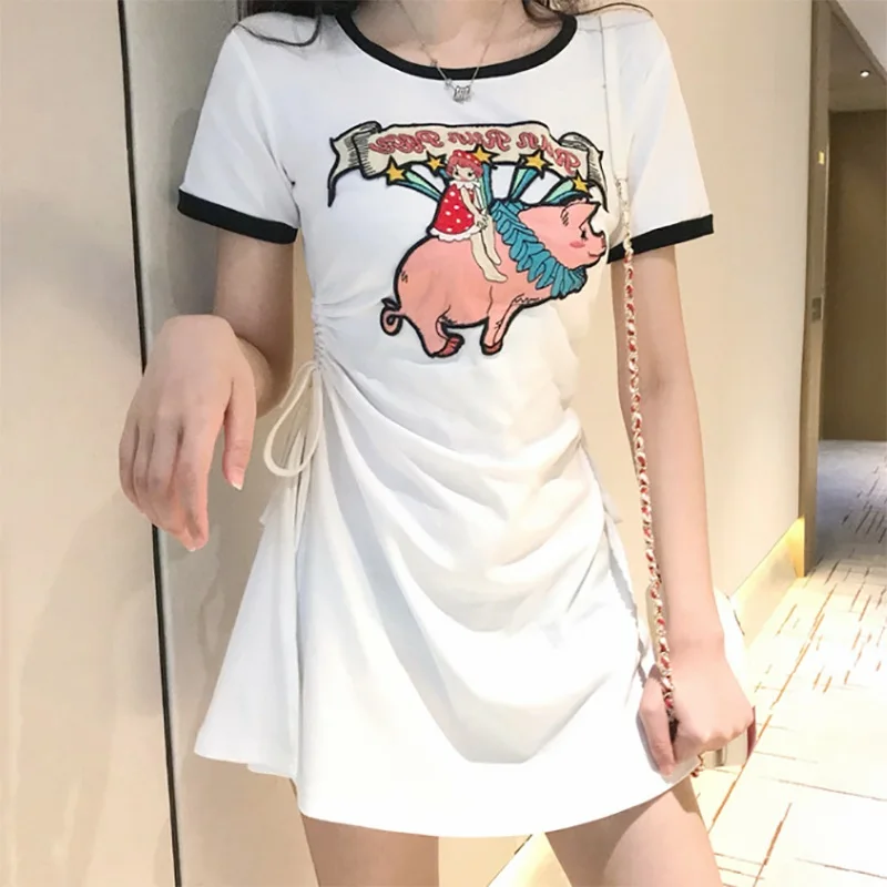 X летнее платье для женщин с круглым воротником и коротким рукавом vestidos тонкая талия патч мультфильм Свинья футболка свободные платья средней длины