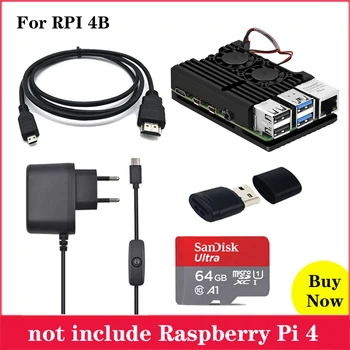 

Raspberry Pi 4 Model B Case Aluminum Case Box with Dual Fan Enclosure Cooling Plate Power Supply Adapter Mini HDMI to HDMI Cable