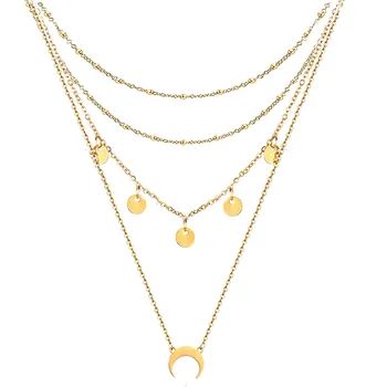 

Gold Silver Color Stainless Steel Sequins Coins Tassel Choker Necklace for Women Multilayer Moon Pendant Statement Necklace