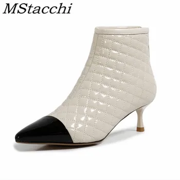 

Mstacchi Grid Pattern Mixed Colors Genuine Leather Women Short Boots Back Zipper Pointed Thin Heels Rome Woman Shoes Zapatillas