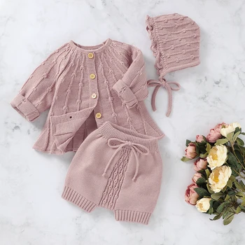 

2020 Fashion Cute 3Pcs Toddler Baby Girls Spring Autumn Knitted Solid Color Button up Cardigan Sweater + Short Pants + Hat Set