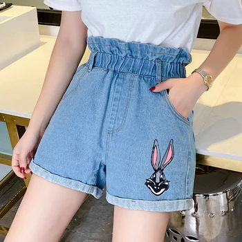 

5XL large size denim shorts 2020 new female elastic high waist jeans cute cartoon pattern female student XXXXXL