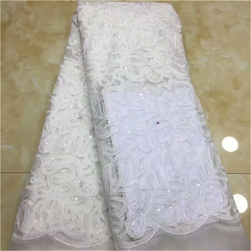

2019 New French Net Lace Fabric White Color Latest African Guipure Lace Fabric With Embroidery Mesh Tulle Sequins Lace Fabric