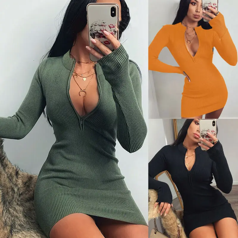 Women Knitted Bodycon Dress Zip up Deep V Long Sleeve Sheath Fashion Lady Solid Ribbed Mini Female Club Plain | Женская одежда