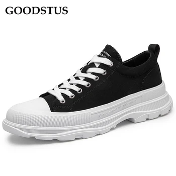 

GOODSTUS Men Canvas Shoes Solid Lace-Up Thick Bottom Comfortable Height Increase Anti-Slip Breathable Male Fashion Casual Shoes