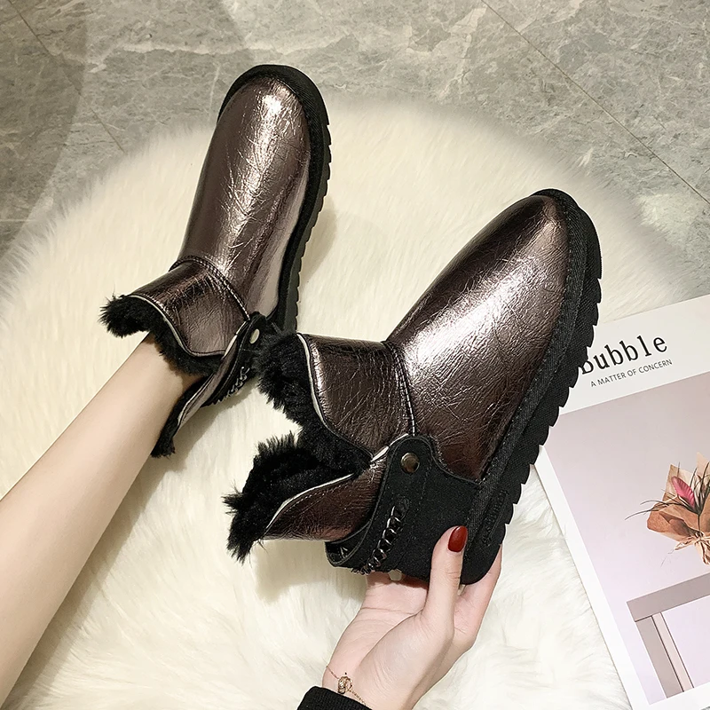 Rimocy fashion winter silver patent leather womens boots high platform thick long plush warm snow boots woemn cotton shoes