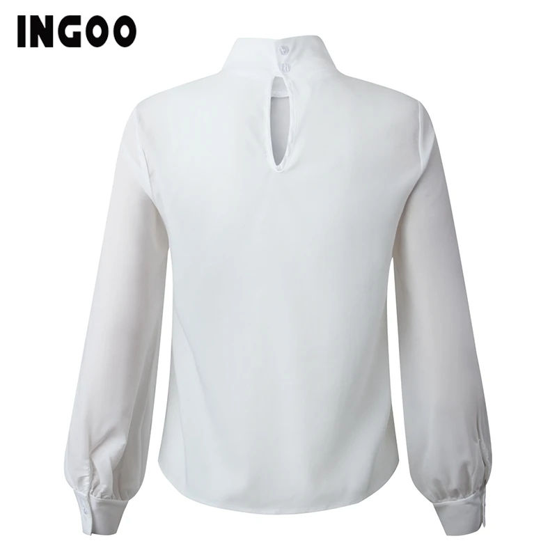 INGOO Autumn Turtleneck Office Women Shirt Lantern Long Sleeve Ruched Pleated Blouses Button Elegant Blue White Shirts Female