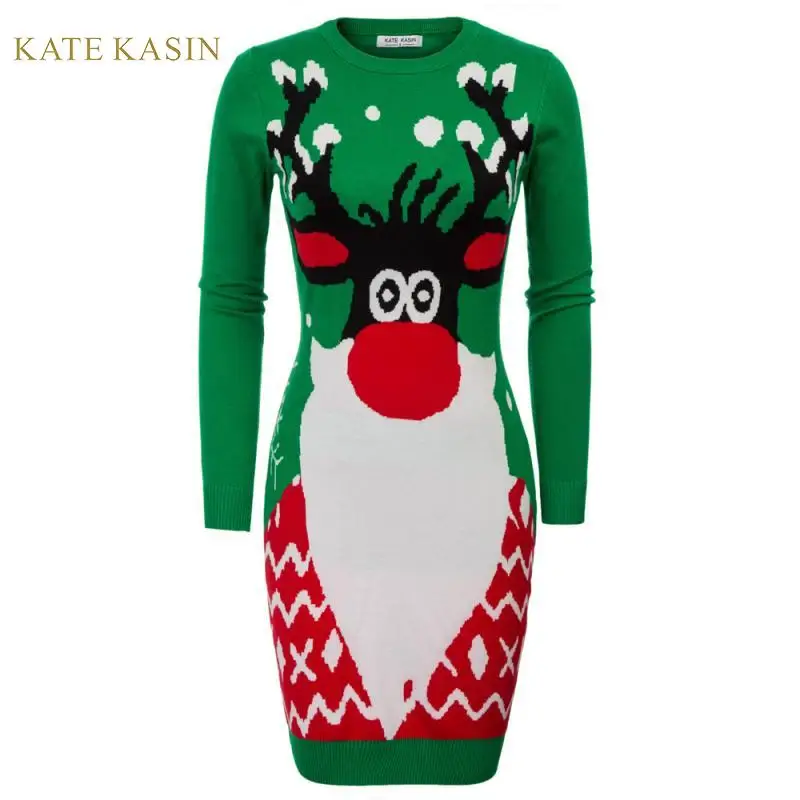 

Kate Kasin 2019 Women Long Sleeve Christmas Milu Pattern Knitted Dress Autumn Winter Knee Length Slim Pencil Sweater Dresses