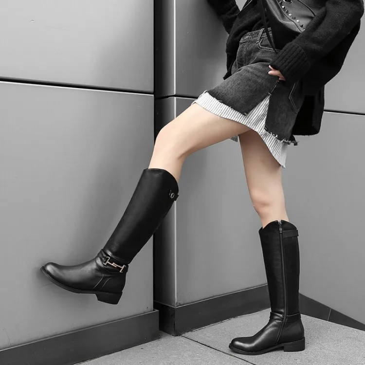

New straight flat-bottomed high boots with thick heel boots hasp thick bottom riding boots slim boots