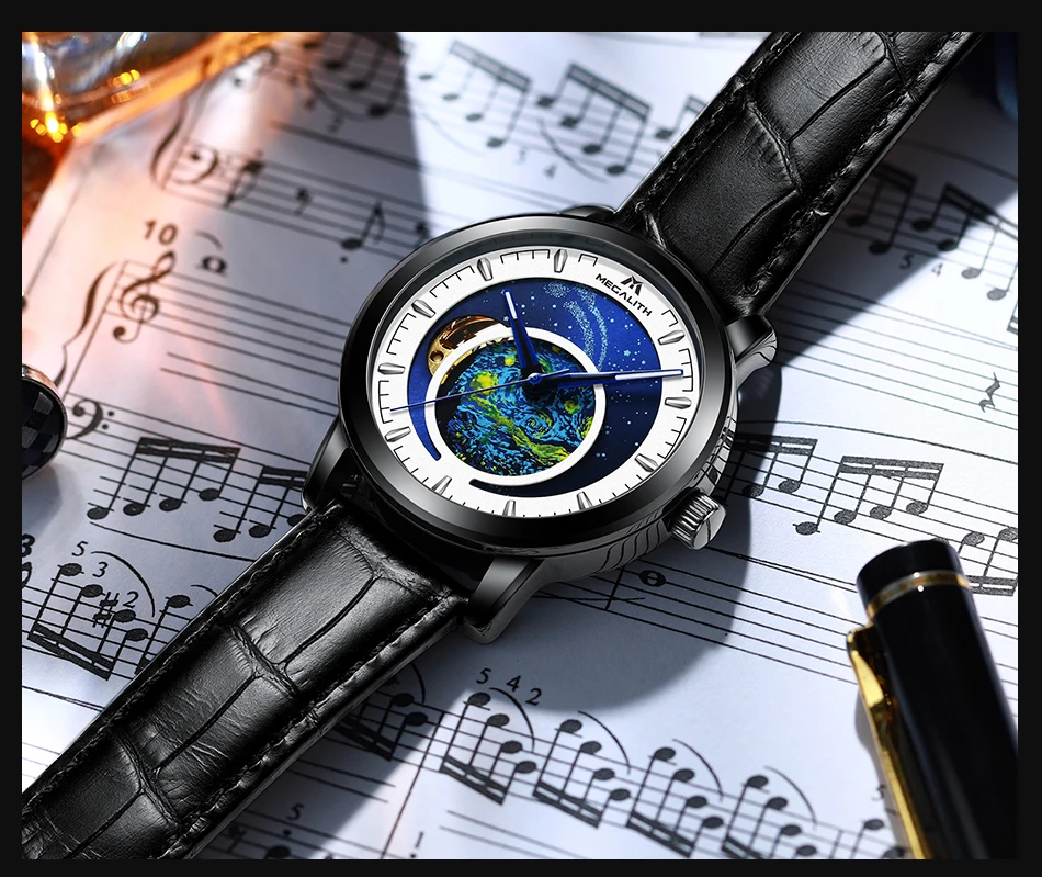 MEGALITH модные автоматические часы для мужчин механические часы черный ремешок из натуральной кожи водонепроницаемый звездное небо часы Relogio Masculino