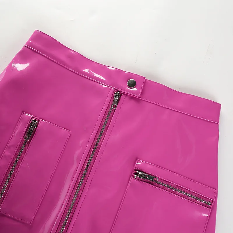 Cryptographic PU Leather Sexy High Waist Skirt Zipper Fake Pockets Streetwear Fall Winter Split Pink Mini Skirts Bodycon Short