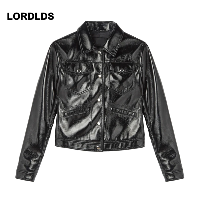 LORDLDS Black Women Leather Jacket Coat Oblique PU Faux Leather Female Short Slim Turn-down Collar Jackets Ladies coats New