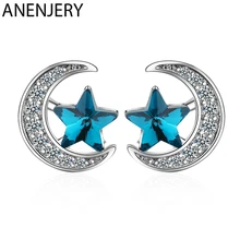 ANENJERY, простые серьги с голубой звездой и Луной для женщин, 925 пробы, серебряные серьги с кристаллами и цирконием, лучший подарок S-E916