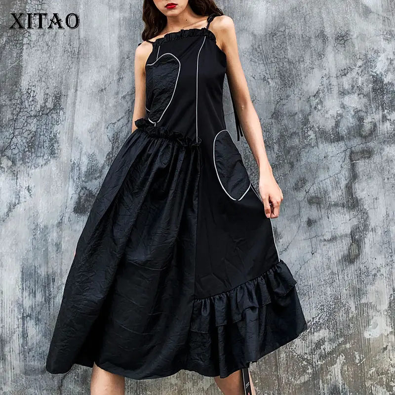 

XITAO Off Shoulder Pleated Dress Women Ruffles Strapless 2019 Autumn Patchwork Cold Wind Elegant Embroidery Sexy Dress WQR1655