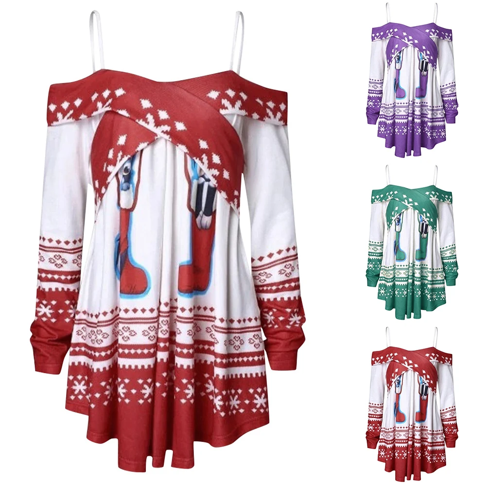 

Puimentiua New Brand Cute Blouse Women Christmas Festival Shirt Femme Sexy Off Shoulder Pullover Fall Long Loose Print Sling Top