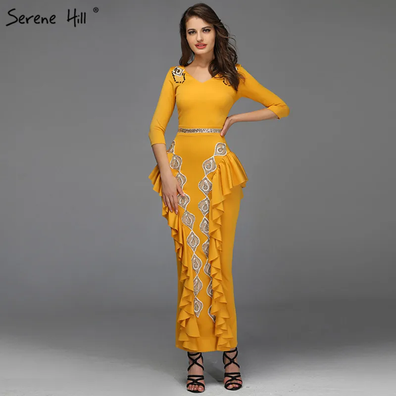 

Yellow V-Neck Mermaid Sexy Prom Dresses 2019 Ruffles Sequined Ankle-Lenght Prom Gowns Design Serene Hill BQA8037