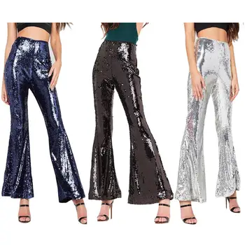 

Women Sequin Shinny High Waisted Palazzo Pants Women Casual Long Wide Leg Pants Trousers Party Clubwear F181