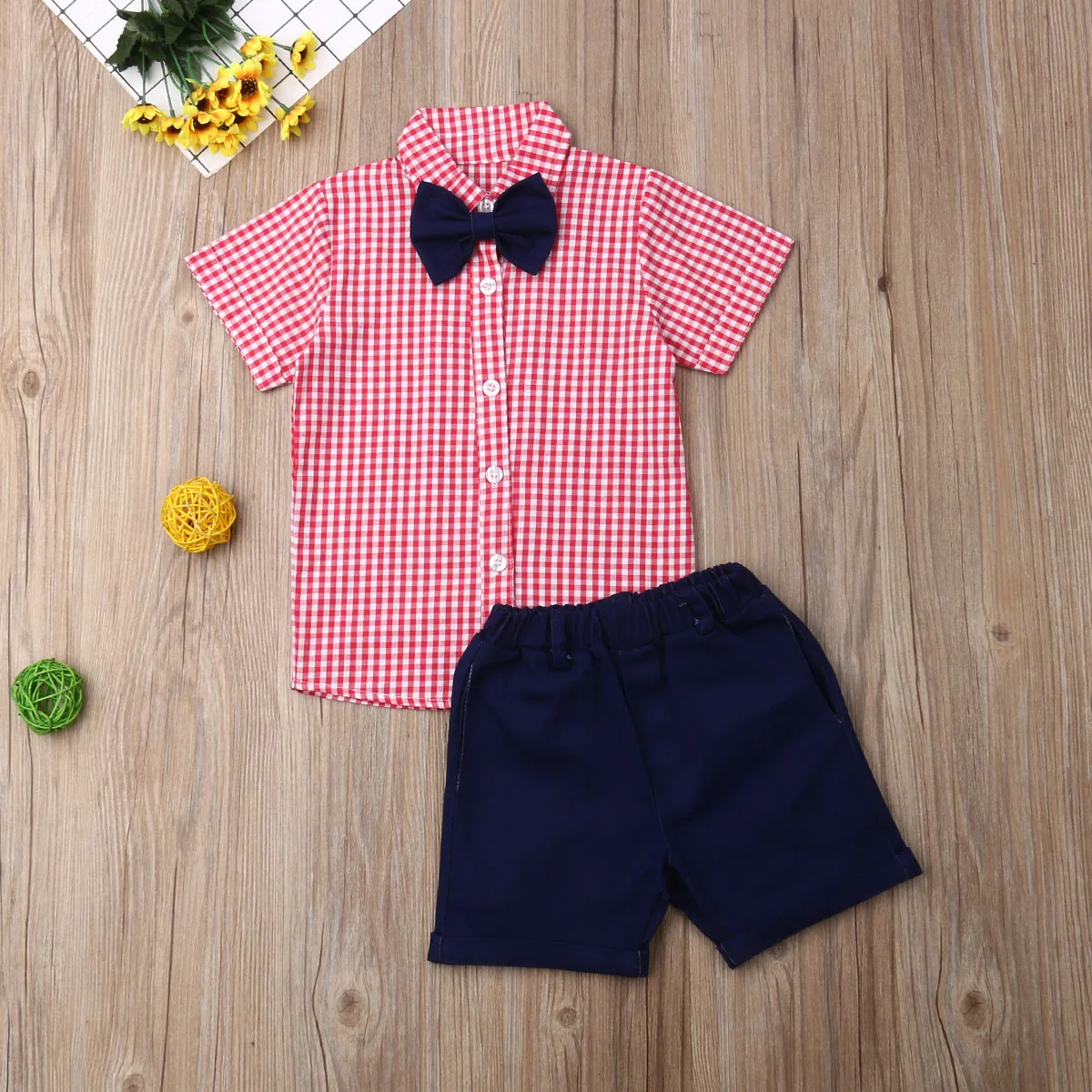 Handsome Kids Gentleman Outfits Toddler Boy Blue Bowtie Shirts Short Sleeve+Pants Children Suits Formal Clothes 2 Piece Set