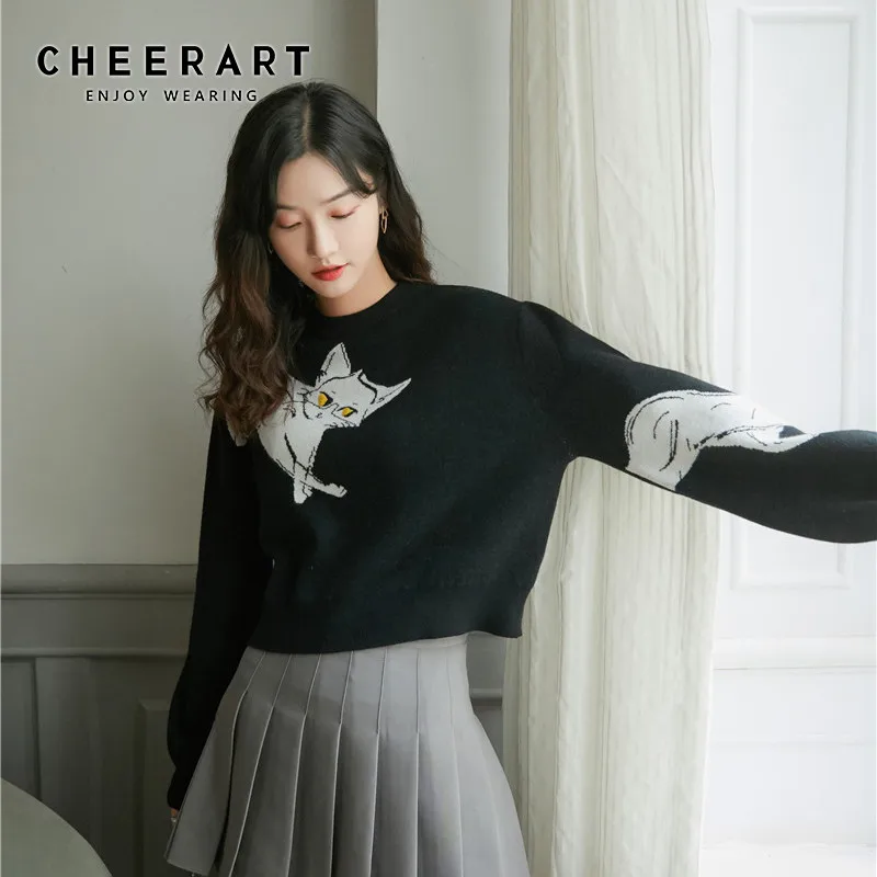 CHEERART черный мультяшный Кот свитер и пуловеры зима 2020 вязаный женский