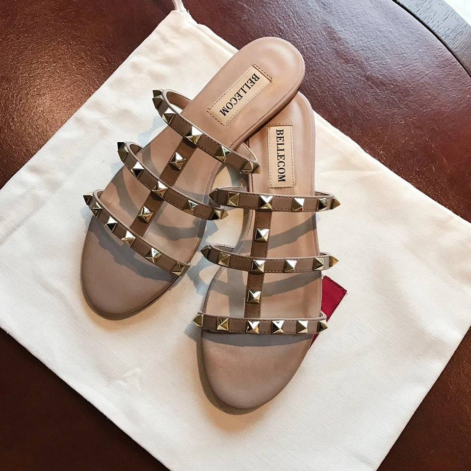 

BELLECOM 2019 Summer New Women's Shoes Sandals, Flat Bottom Rivets, Leather Fashion Sandals, Outside Slippers